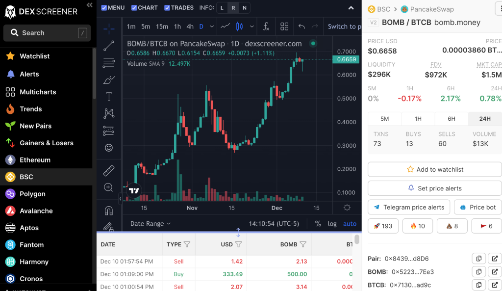 DEX Screener screenshot for BOMB Money DeFi tools list