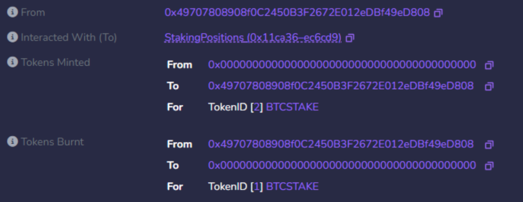 Compounding Stake Position resulting in the burning of the original stake position (Token ID 1) and creation of a new one including rewards accumulated from the first (Token ID 2)