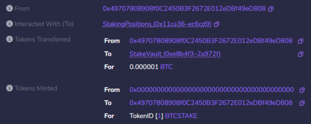 Staking 0.000001 BTC, and receiving BTCSTAKE NFT receipt token ID 1