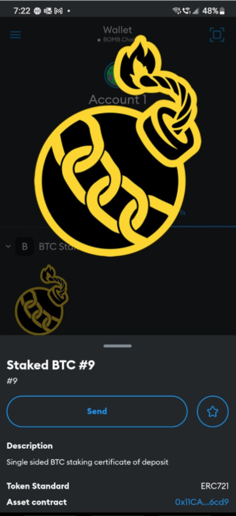 Here you can see a stake position from within Metamask – demonstrating full ERC-721 (NFT) compatibility. 