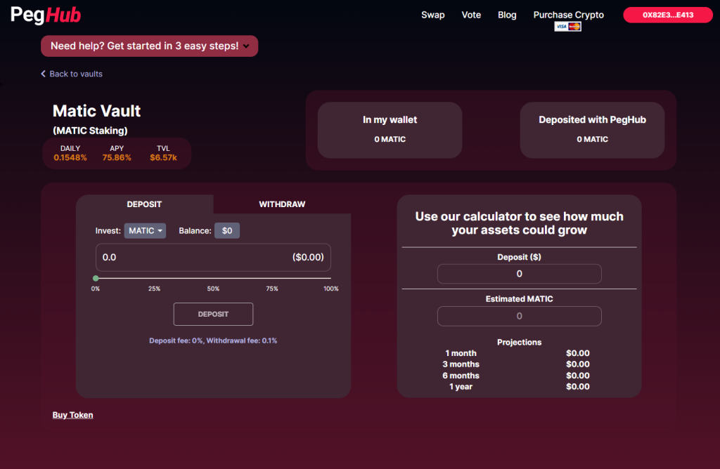 PegHub Screenshot showing one click deposit