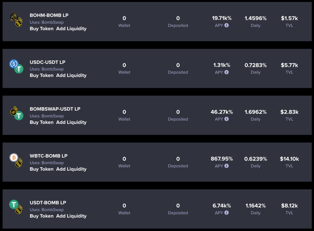 Screenshot of current BOMB Chain autocompounding vaults