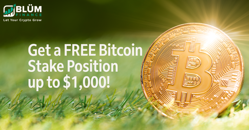 Blüm Ad - Bitcoin background with Free Bitcoin Stake Position