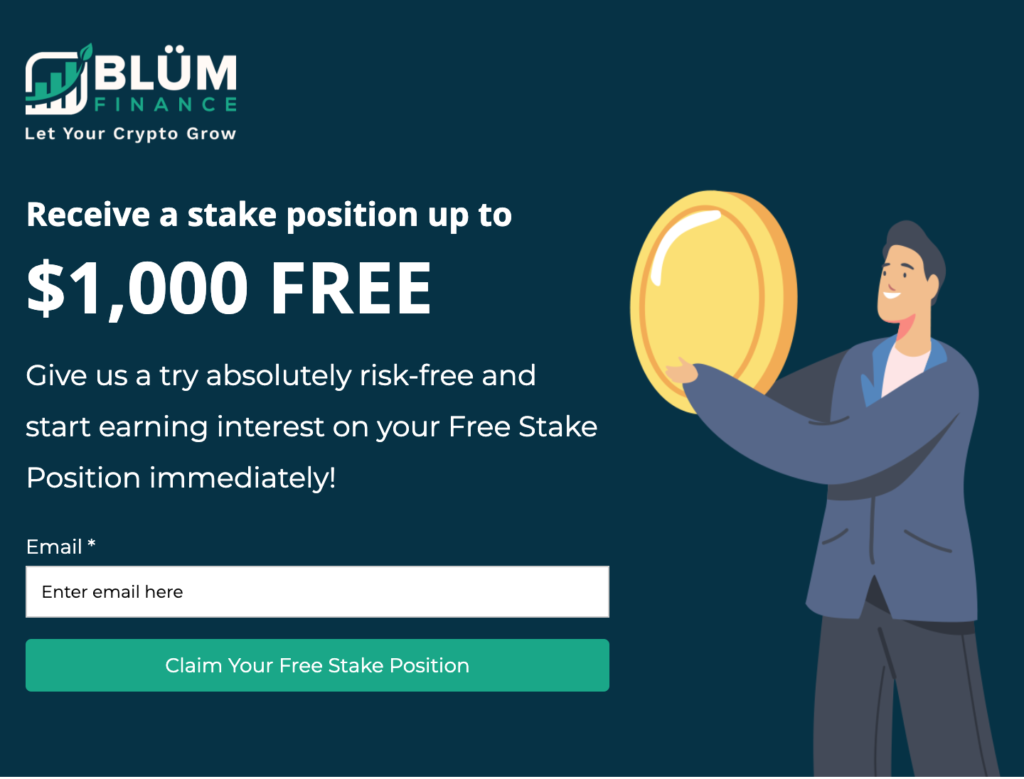 Screenshot of Blüm Landing Page for Free Stake Position Ads